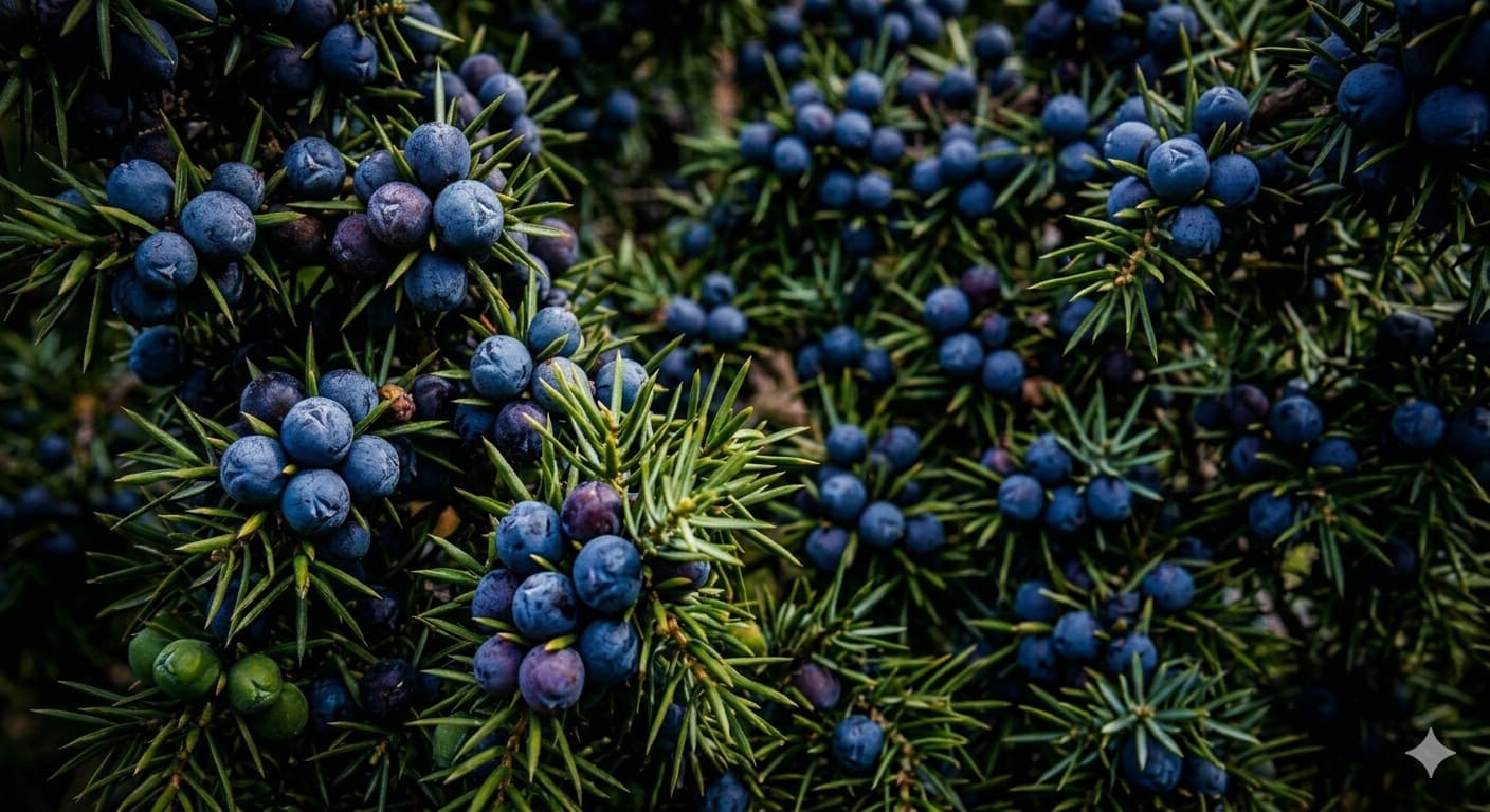 Fresh juniper berries on the branch.